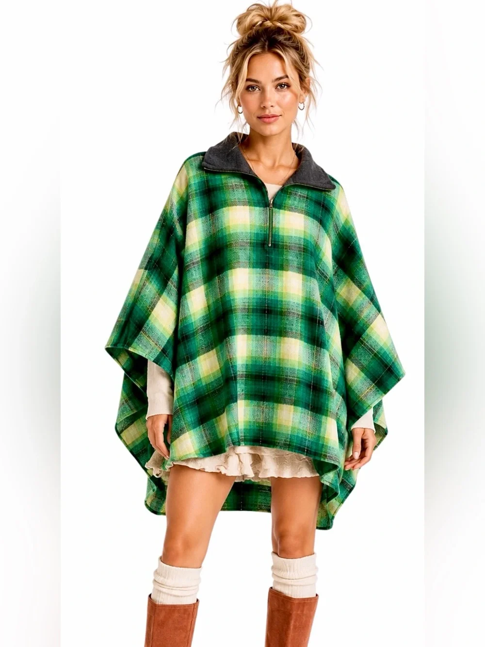 Free People – Woodstock Brushed Plaid Oversized Poncho – Green Black – Sz. OS